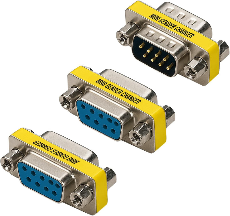 Cyberguys DB9 Gender Changer 3-Pack – RS232 Serial Adapter Set (F/F, M/M, M/F) Slimline Connector for PC, Modem, Router, Switch, POS, Printer