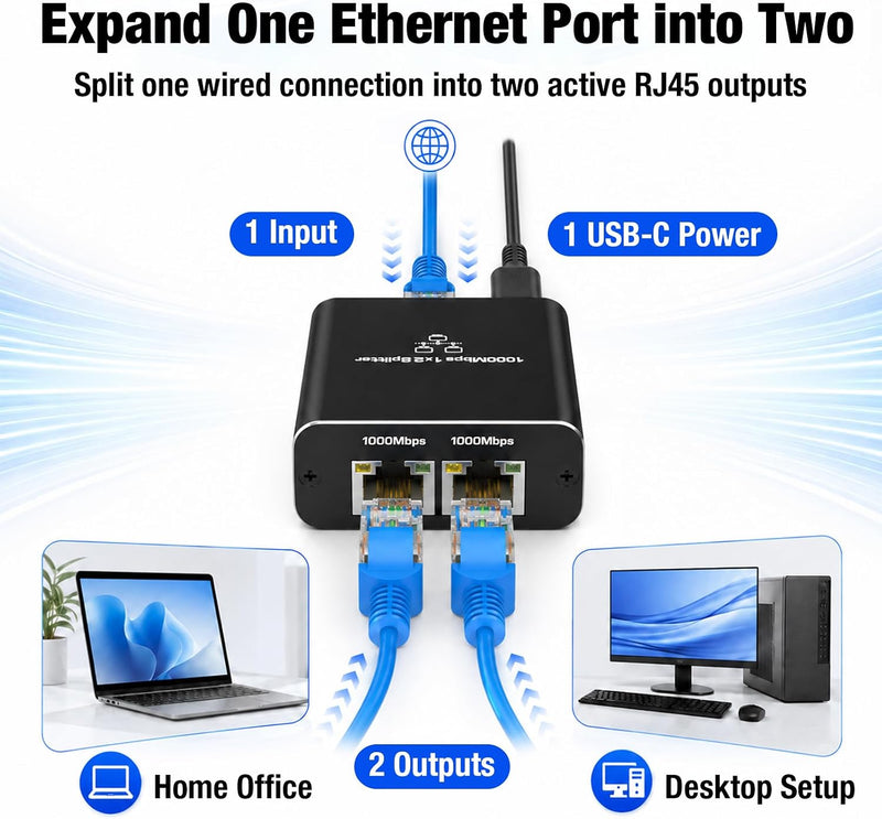 Cyberguys Gigabit Ethernet Splitter 1 to 2, USB Powered Active RJ45 Adapter