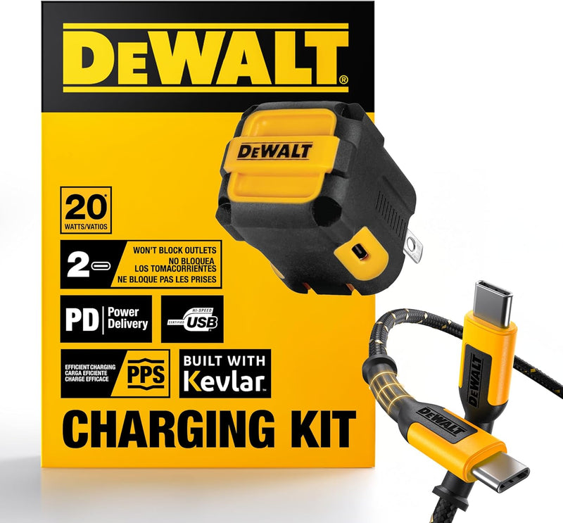 DEWALT 20W Dual USB-C Wall Charger Kit – PD/PPS Fast Charger w/ Cable