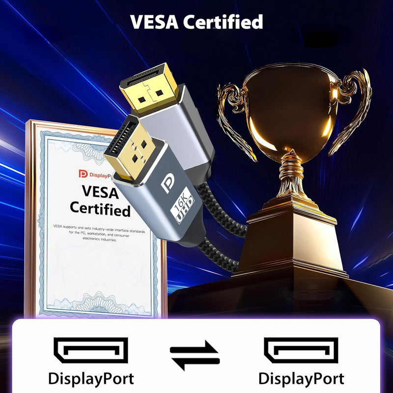 Cyberguys DisplayPort 2.1 Cable (6ft) – Braided DP Cord, 16K@60Hz, 8K@120Hz, Gold-Plated, VESA Certified