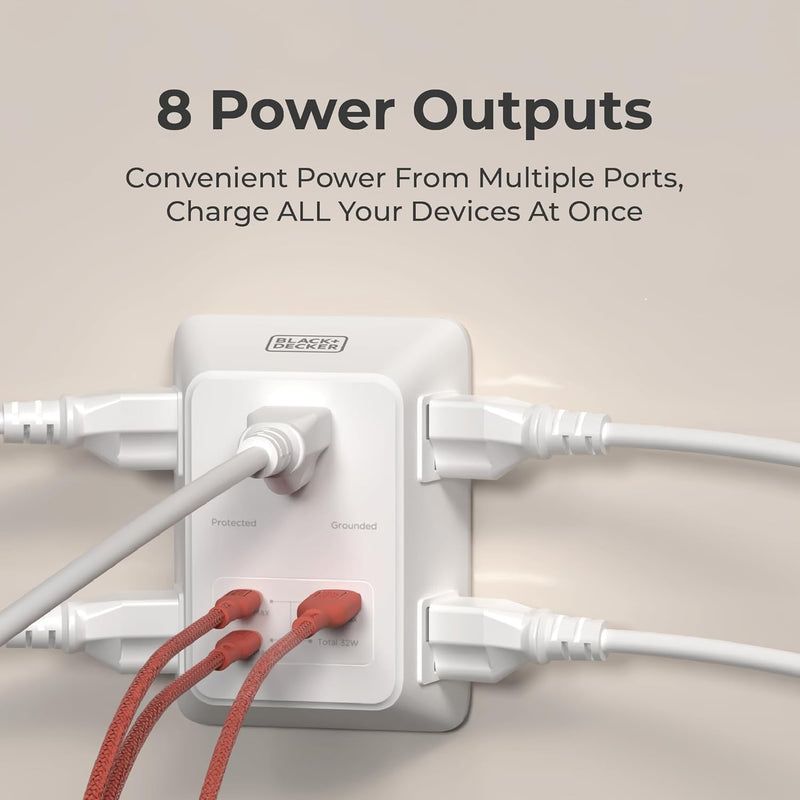 BLACK+DECKER 5-Outlet Surge Protector Wall Charger – 2 USB-C PD & USB-A Fast Charging Ports