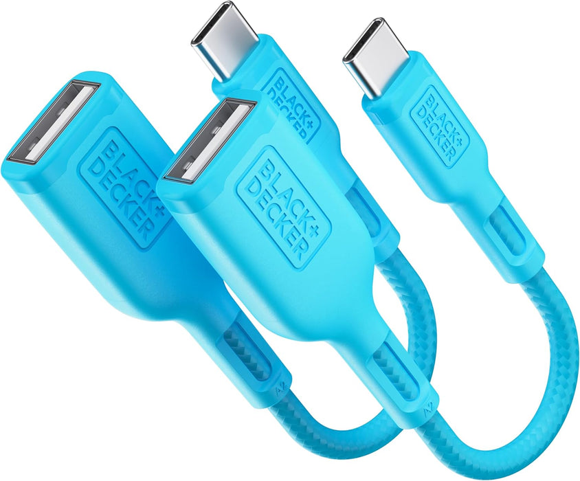 BLACK+DECKER USB-C to USB-A Adapter – Nylon Braided 2-Pack OTG Cable for iPhone, MacBook, iPad