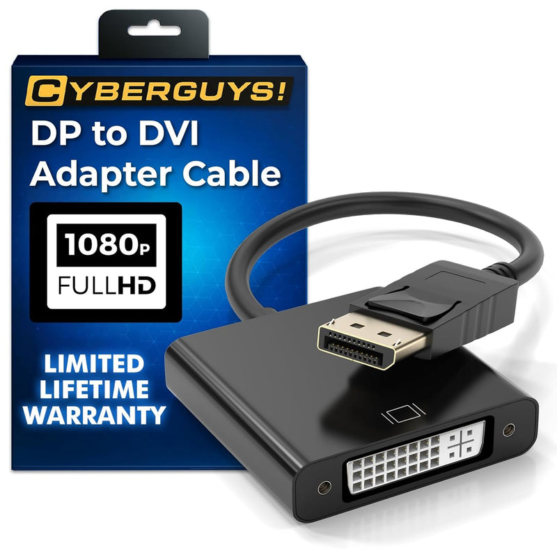 Cyberguys DisplayPort to DVI Adapter – Gold-Plated DP to DVI-D Converter, Male to Female, 1080P Full HD, Compatible with Laptops, PCs, Monitors, Projectors, HDTV