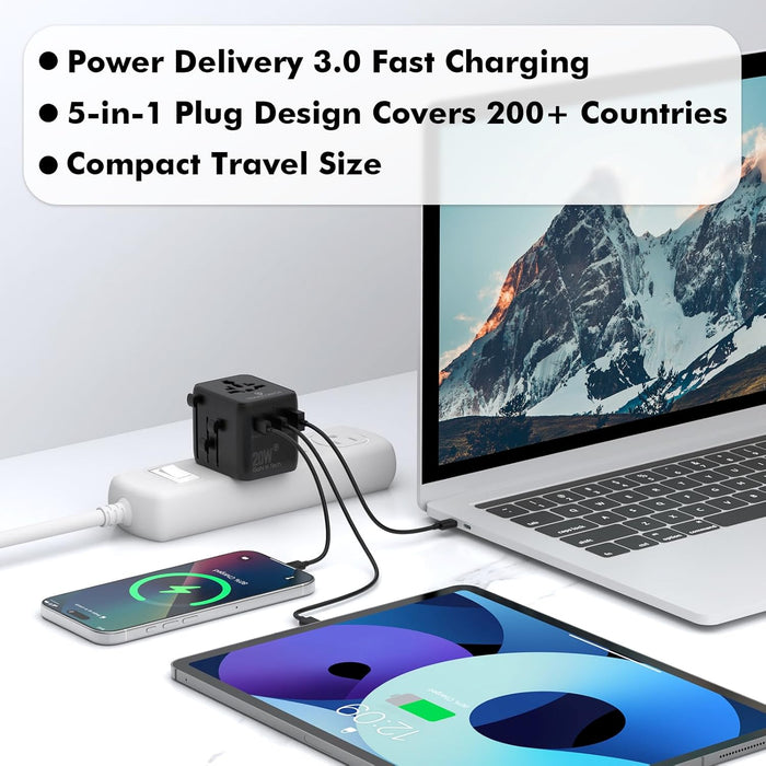Universal GaN Travel Adapter – 5-in-1 USB/AC, Global Charging