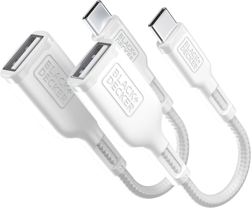 BLACK+DECKER USB-C to USB-A Adapter – Nylon Braided 2-Pack OTG Cable for iPhone, MacBook, iPad