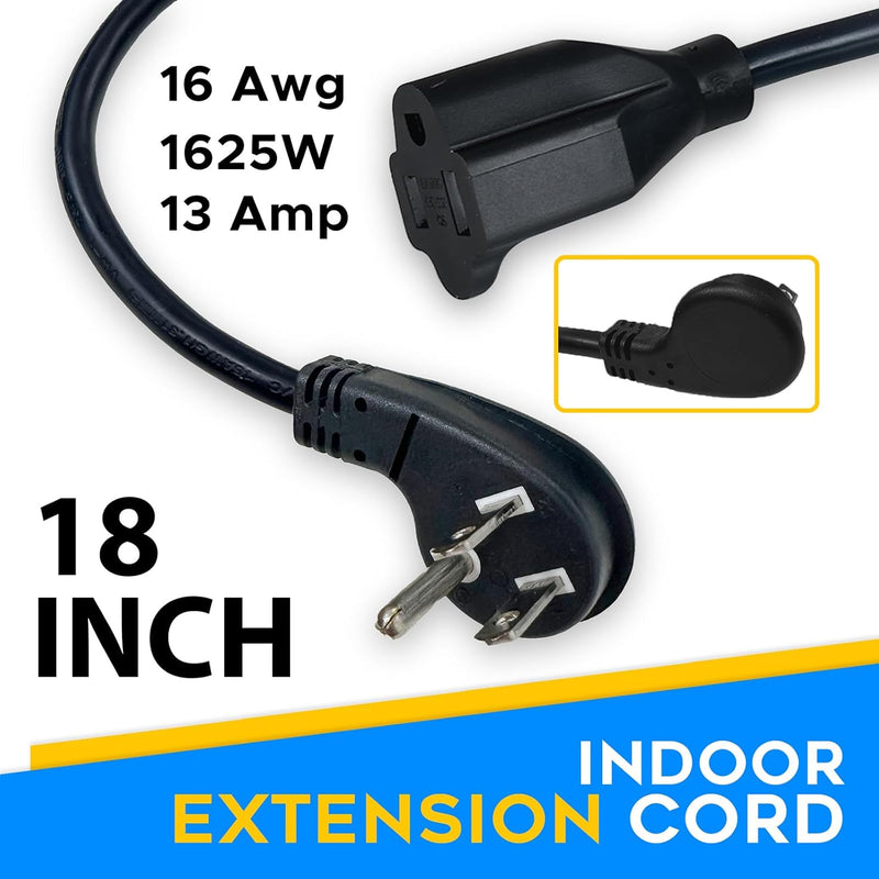 Flat Plug Extension Cord 18in – Low Profile 45° Angled Power Adapter, UL Listed 16 AWG