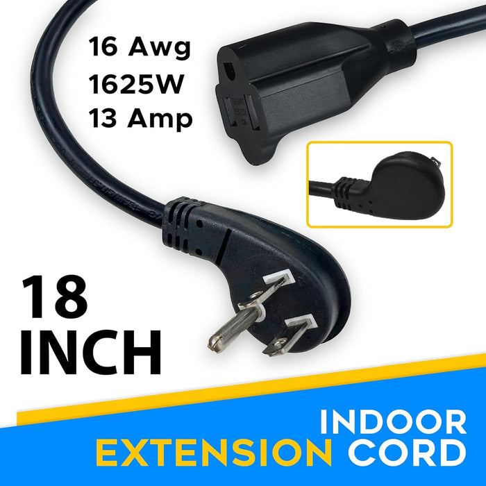 Flat Plug Extension Cord - Angled Flat Plug Adapter - Plug Adapter Low Profile - 45 Degree Power Cord Extension - 18in Short Extension Cord Flat Plug - UL Listed 16 AWG - Black