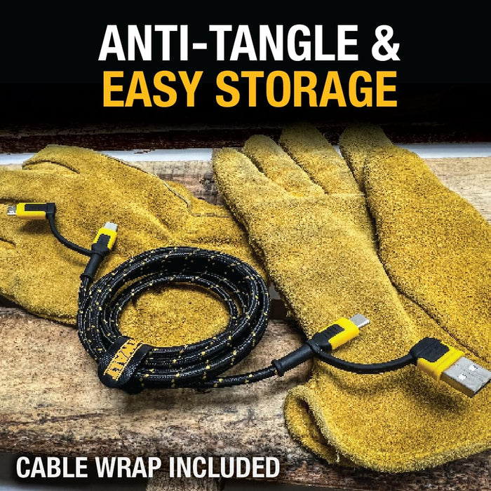 DEWALT Heavy-Duty 4-in-1 Charging Cable – 6ft Fast Charger USB-C, Micro USB & iPhone