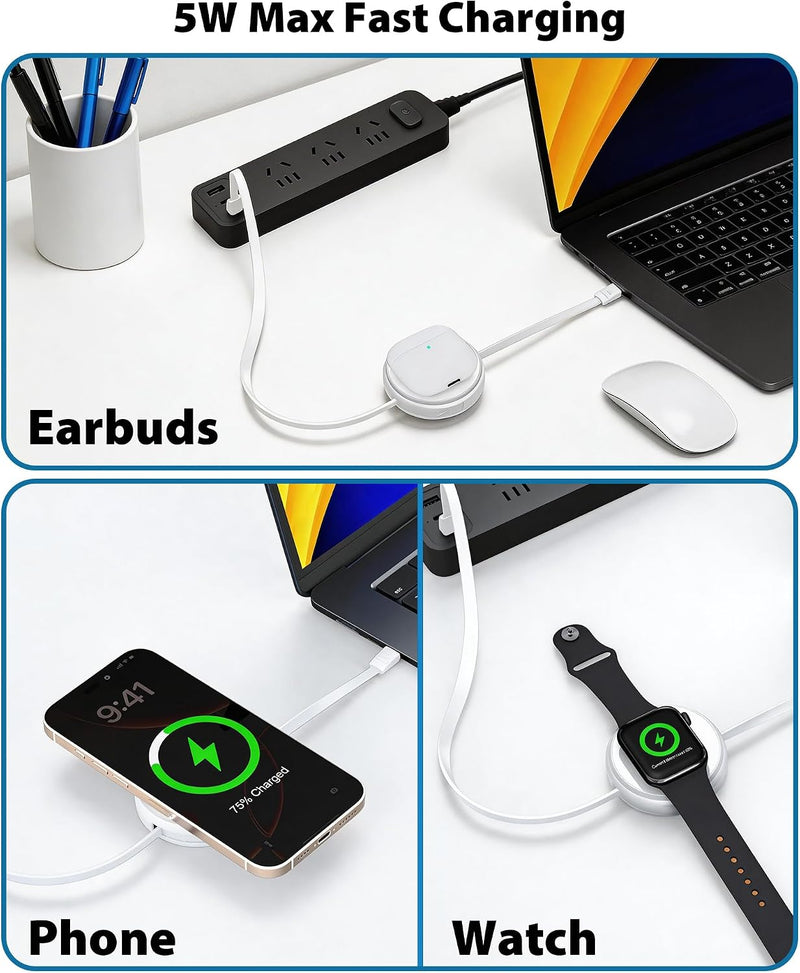Travel Depot 2-in-1 Wireless Charger with Retractable USB-C Cable, 60W Fast