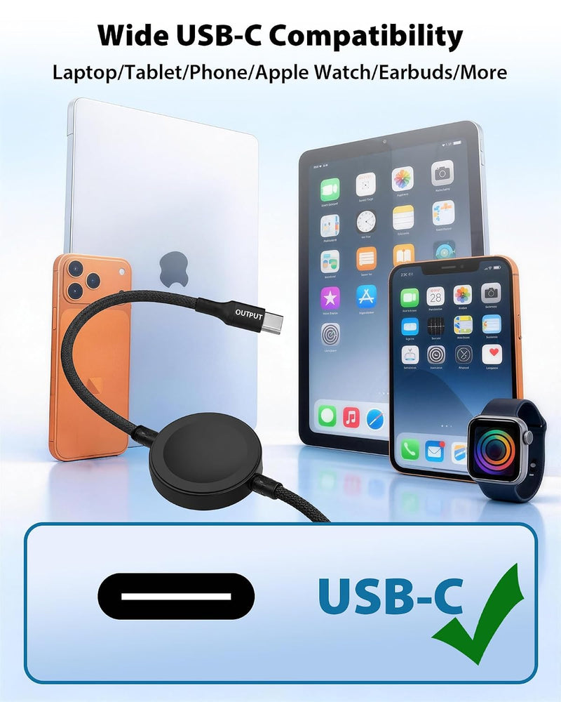 Travel Depot 2-in-1 USB-C Cable with Apple Watch Charger – Type-C Fast Charging with Built-In Watch Charging Module, 95W PD Data Sync, Braided Travel Cable with Storage Pouch