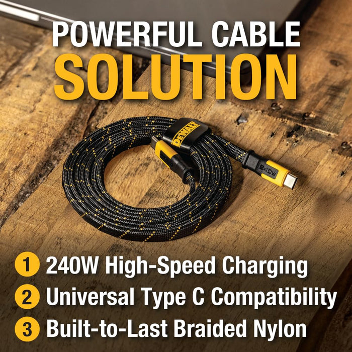 DEWALT Heavy Duty USB-C to USB-C Cable – Flat 240W Kevlar-Reinforced Fast Charger for iPhone, Samsung, MacBook, iPad, Pixel