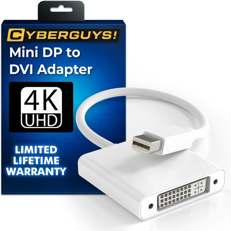 Cyberguys Mini DisplayPort to DVI Adapter – 4K@30Hz Mini DP to DVI-D Converter, Gold-Plated Connector, Compatible with MacBook, iMac, Surface, Thunderbolt
