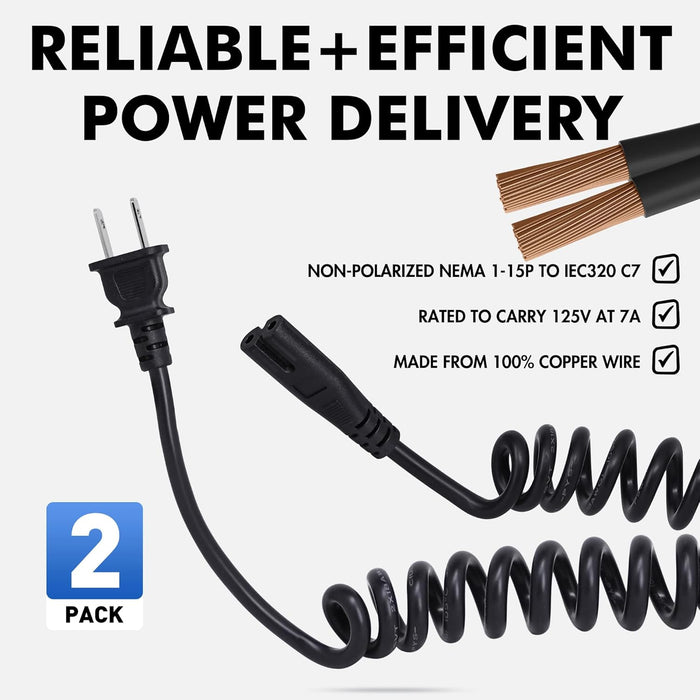 2 Pack Coiled 2 Prong AC Power Cord 6.5 ft, Coiled UL Listed Figure 8 Power Cord Compatible with Samsung LG Sony Insignia Toshiba Hisense PS5, Non Polarized (NEMA 1-15P to IEC C7) Black
