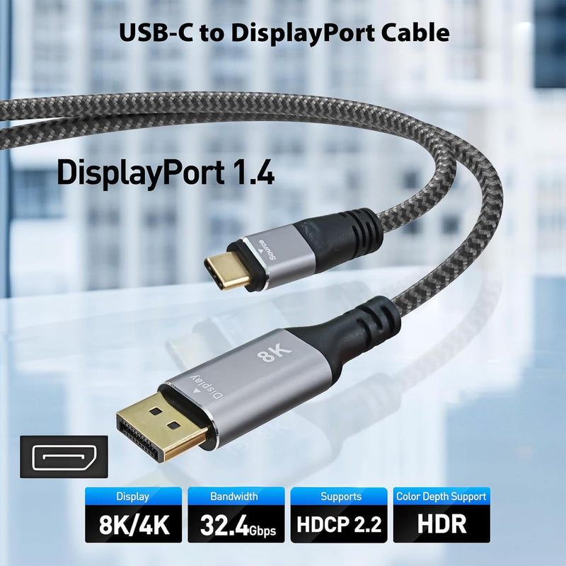 Cyberguys USB-C to DisplayPort 1.4 Cable – 8K@60Hz, 4K@240Hz Braided Cord