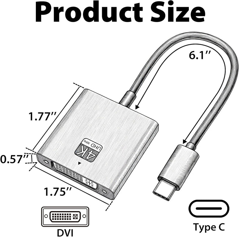 Cyberguys USB-C to DVI Adapter – Type-C to DVI Converter, 4K@30Hz Plug & Play Video
