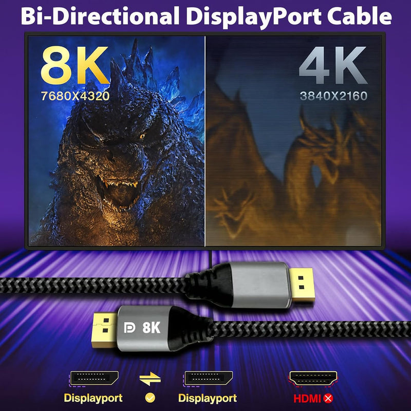Cyberguys DisplayPort 1.4 Cable (6ft) – Braided DP to DP Cord, 8K@60Hz, 4K@144Hz, HDR, Gold-Plated
