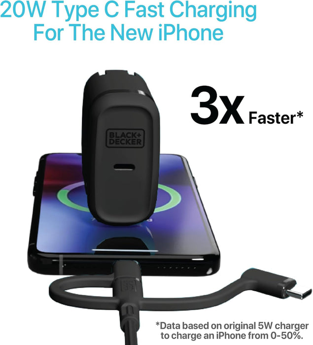 BLACK+DECKER 20W GaN USB-C Wall Charger – Compact PD Fast Charging Block for iPhone, iPad & Samsung