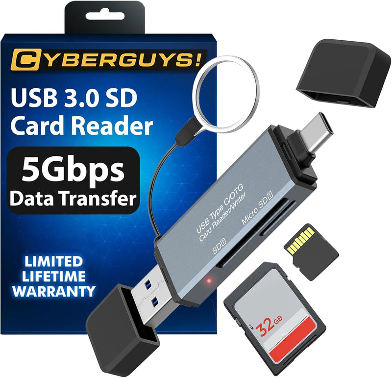 Cyberguys USB 3.0 SD Card Reader – Dual USB-C & USB-A, 5Gbps High-Speed Adapter