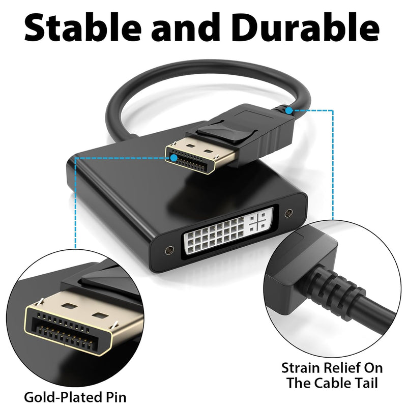 Cyberguys DisplayPort to DVI Adapter – Gold-Plated DP to DVI-D Converter, Male to Female, 1080P Full HD, Compatible with Laptops, PCs, Monitors, Projectors, HDTV