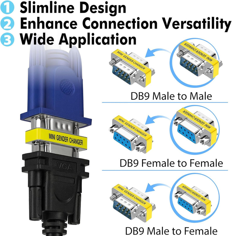 Cyberguys DB9 Gender Changer 3-Pack – RS232 Serial Adapter Set (F/F, M/M, M/F) Slimline Connector for PC, Modem, Router, Switch, POS, Printer