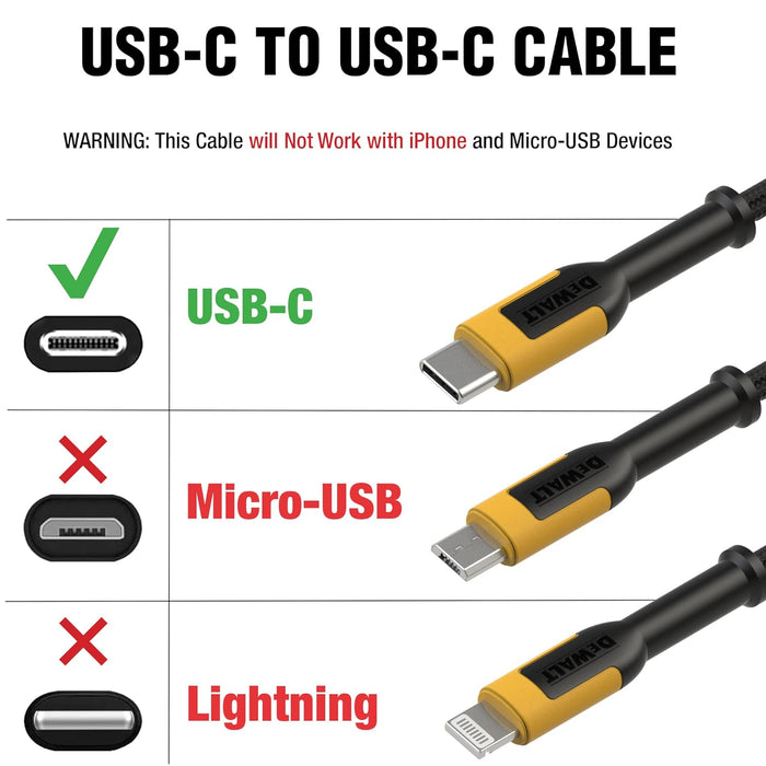DEWALT Heavy Duty USB-C to USB-C Cable (60W) Jobsite Fast Charger for iPhone 16/15, MacBook, iPad, Samsung Galaxy