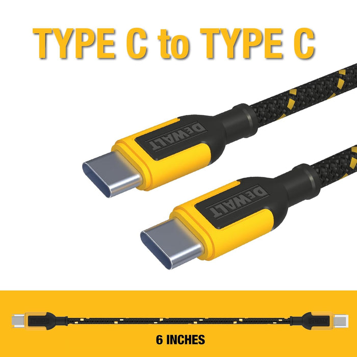 DEWALT Heavy Duty Short USB-C to USB-C Cable (2-Pack, 6in) – 60W Fast Charging Nylon Braided Type-C Cord for iPhone 16/15, Samsung Galaxy, Android
