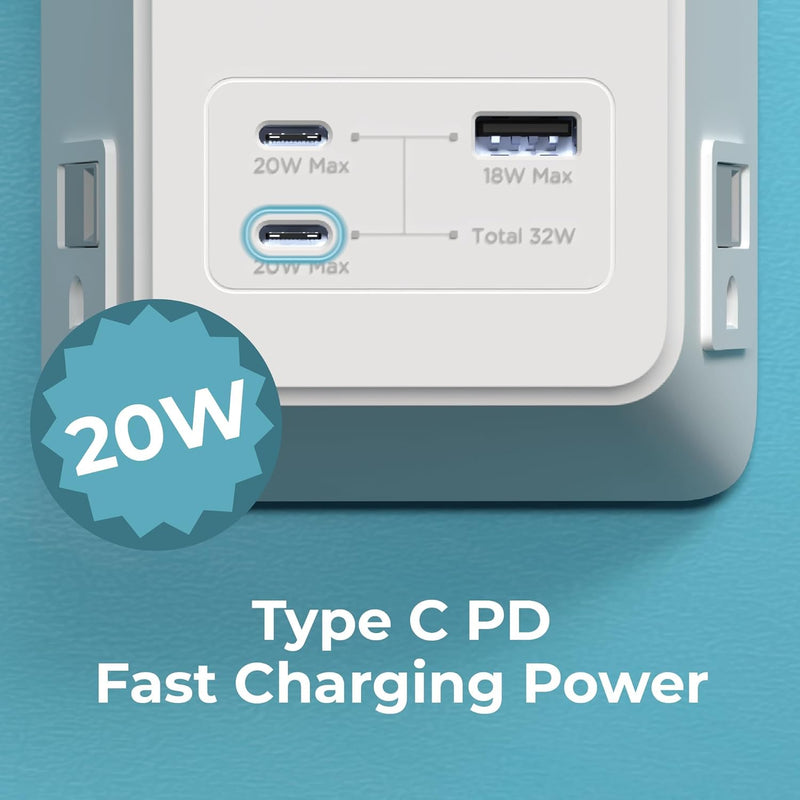 BLACK+DECKER 5-Outlet Surge Protector Wall Charger – 2 USB-C PD & USB-A Fast Charging Ports