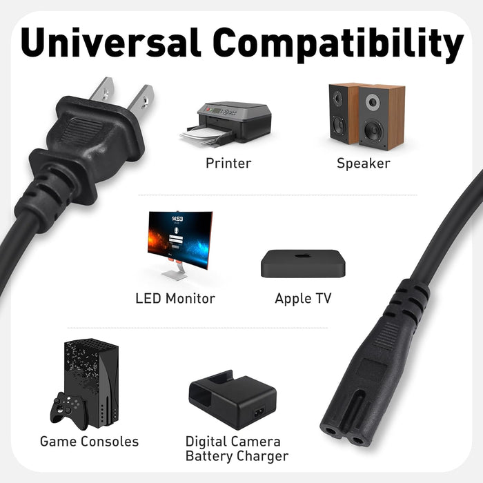 2 Pack Coiled 2 Prong AC Power Cord 6.5 ft, Coiled UL Listed Figure 8 Power Cord Compatible with Samsung LG Sony Insignia Toshiba Hisense PS5, Non Polarized (NEMA 1-15P to IEC C7) Black