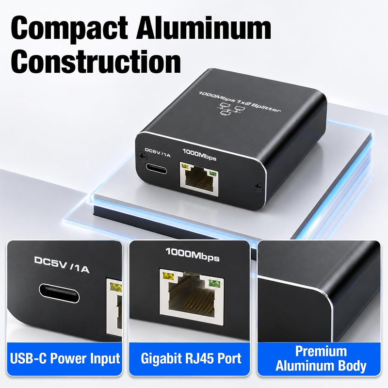 Cyberguys Gigabit Ethernet Splitter 1 to 2, USB Powered Active RJ45 Adapter