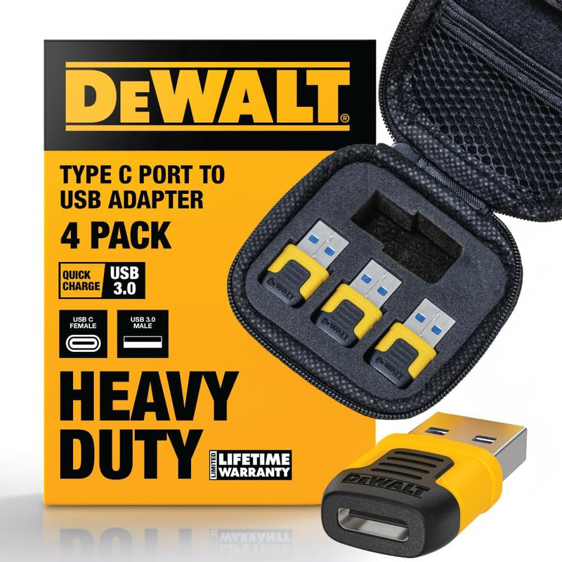 DEWALT USB-C to USB-A Adapter 4-Pack – Fast Charging & 5Gbps Data Converter