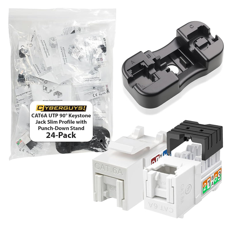 Cyberguys CAT6A Keystone Jack 90° Slim Profile with Punch-Down Stand – 24-Pack