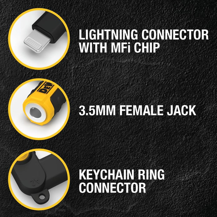 DEWALT Heavy Duty 3.5mm to Lightning Adapter, 90Degree L Connector Female to 3.5mm Male Headphone Jack Adapter for iPhone, Compatible Lightning to 3.5 mm Headphone Jack Adapters, Adapts Legacy Devices