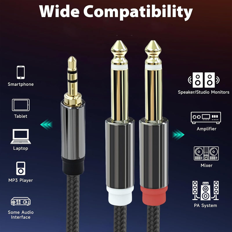 Cyberguys 3.5mm to Dual 1/4″ Audio Cable – Braided TRS to Dual TS Cord