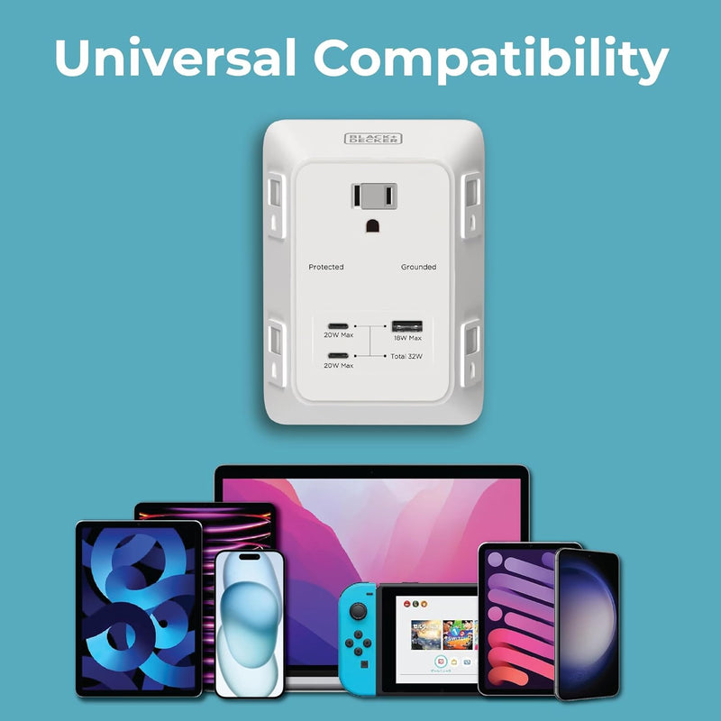 BLACK+DECKER 5-Outlet Surge Protector Wall Charger – 2 USB-C PD & USB-A Fast Charging Ports