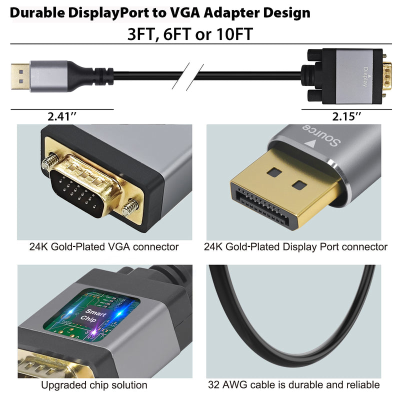 Cyberguys DisplayPort to VGA Cable 6ft – 1080p w/ Secure Latch