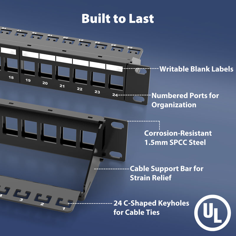 Cyberguys CAT6 24-Port Keystone Patch Panel 1U, Rackmount or Wall Mount