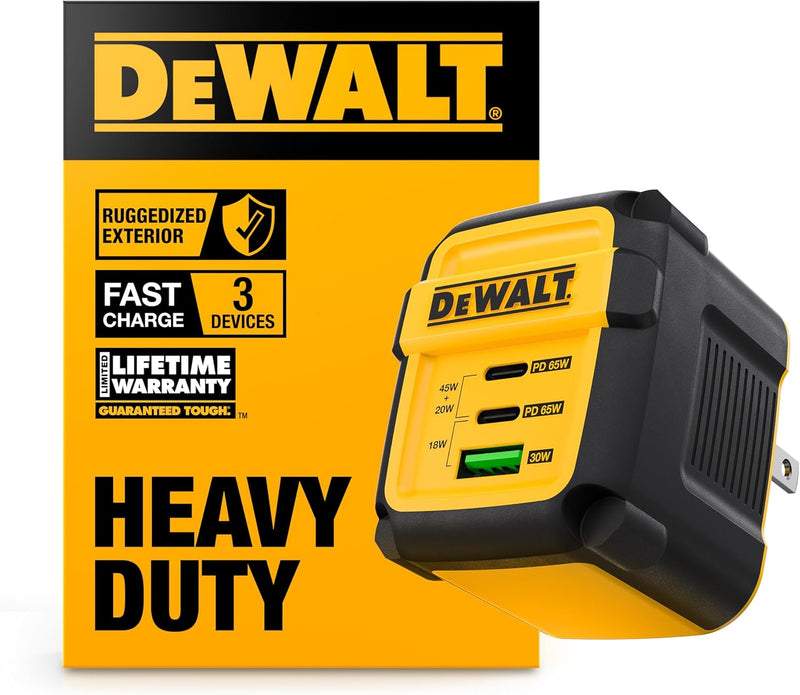 DEWALT Heavy Duty 65W 3-Port USB-C GaN Charger – Fast Compact Wall Adapter for Laptops, Tablets & Phones