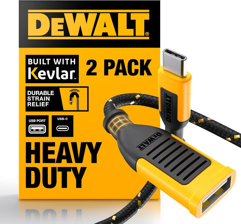 DEWALT USB-A to USB-C Adapter (2-Pack) – Heavy Duty OTG Converter for iPhone, iPad, Samsung, Apple Watch