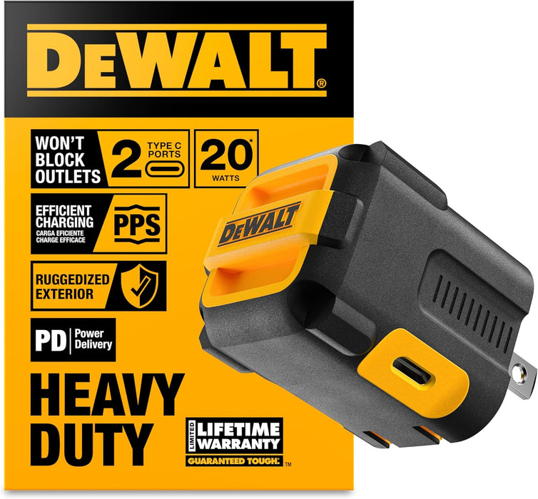 DEWALT Heavy Duty NeverBlock 20W Type C Charger, Dual Port Angled Cube Wall Adapter w/Foldable Plug, Patented Design Fast Charging Block for iPhone 16 15 14 13 12 Pro Max, Samsung Galaxy S24, HTC, LG