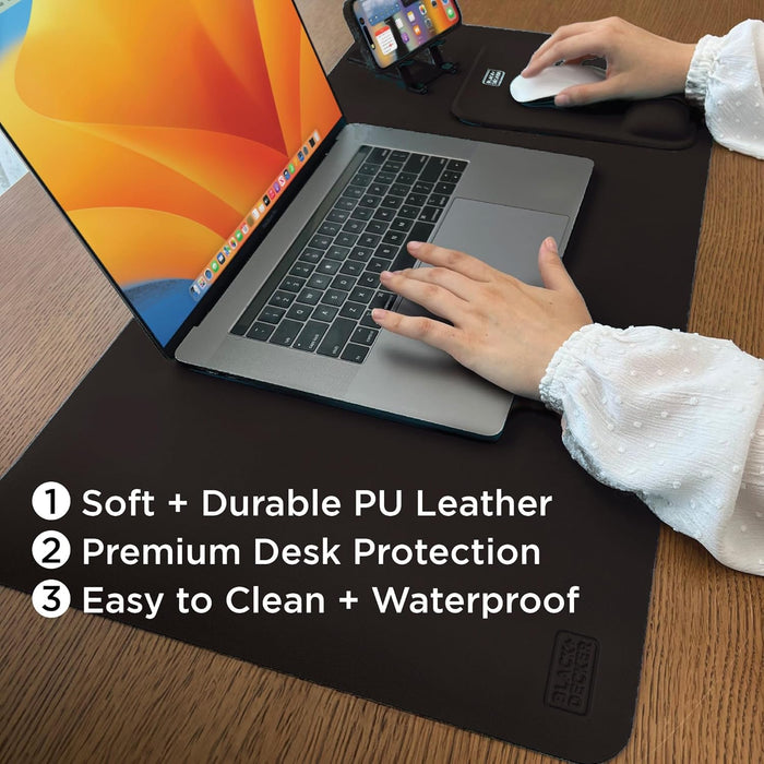BLACK+DECKER Faux Leather Desk Mat – Keyboard & Mouse Pad, Office Desk Protector