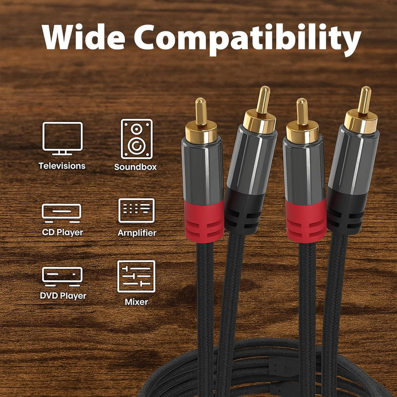 Cyberguys 2RCA to 2RCA Audio Cable – Braided Shielded RCA Male to Male Cord