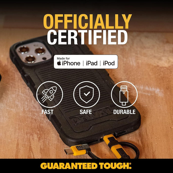 DEWALT 3-in-1 Retractable Charging Cord – 3ft Heavy-Duty Fast Charger USB-C, Lightning & Micro USB