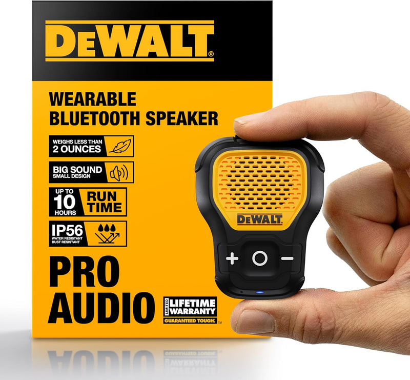 DEWALT Wearable Bluetooth Speaker – Updated Clip-On Portable Jobsite Speaker, Water-Resistant (Non-Magnetic) w/Built-in Mic for Hands-Free Music & Calls – Yellow