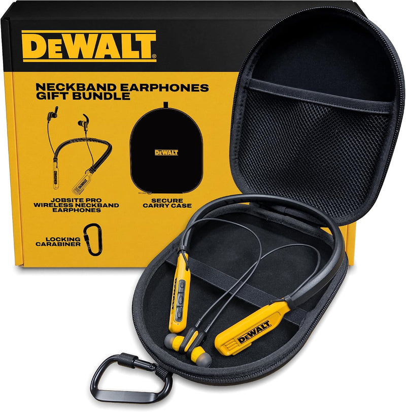 DEWALT Neckband Earphones Gift Bundle with Carrying Case and Carabiner