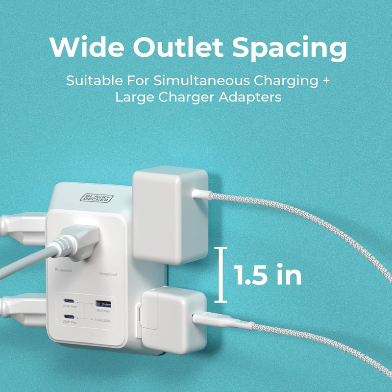 BLACK+DECKER 5-Outlet Surge Protector Wall Charger – 2 USB-C PD & USB-A Fast Charging Ports