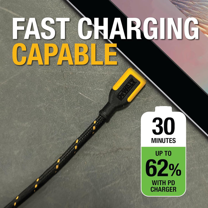 DEWALT Heavy Duty Short USB-C to USB-C Cable (2-Pack, 6in) – 60W Fast Charging Nylon Braided Type-C Cord for iPhone 16/15, Samsung Galaxy, Android