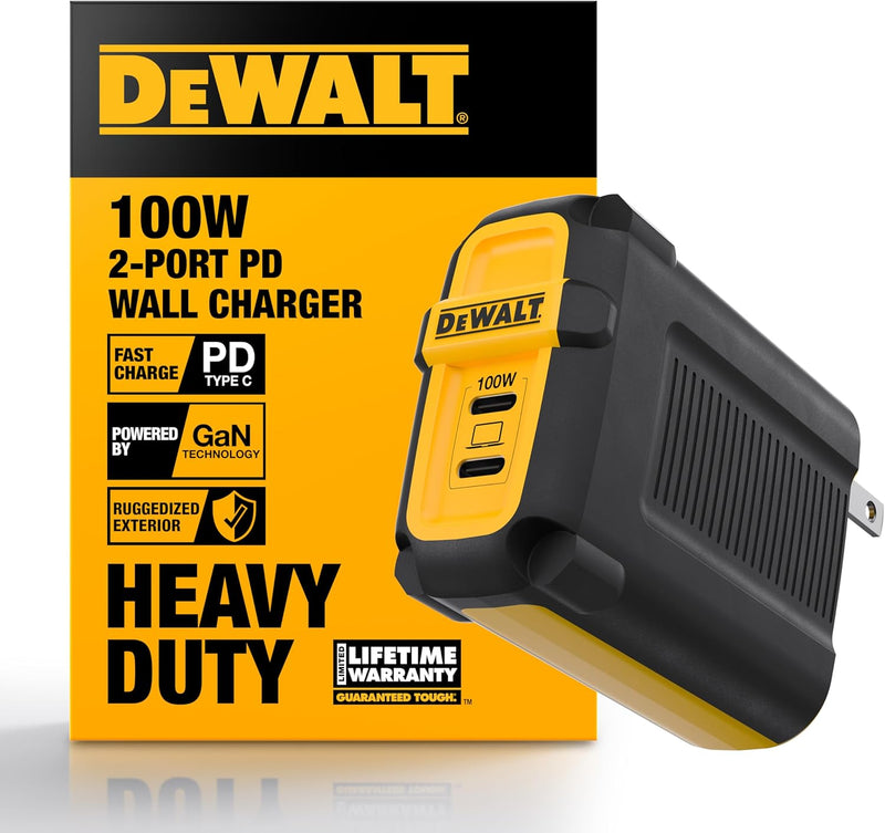 DEWALT Heavy Duty 100W USB-C GaN Charger – Dual Port Fast Compact Wall Adapter for Laptops, Tablets & Phones