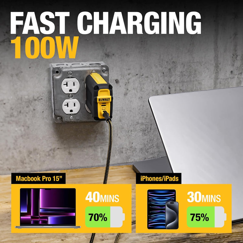 DEWALT Heavy Duty 100W USB-C GaN Charger – Dual Port Fast Compact Wall Adapter for Laptops, Tablets & Phones