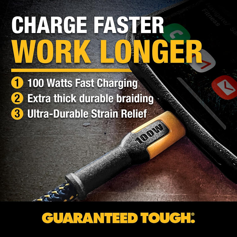 DEWALT 100W USB-C Cable – 6ft Kevlar-Reinforced PD Fast Charging Cord for Jobsite, iPhone, MacBook, Samsung