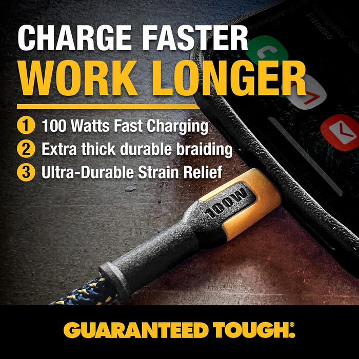 DEWALT 100W USB-C Cable – 6ft Kevlar-Reinforced PD Fast Charging Cord for Jobsite, iPhone, MacBook, Samsung